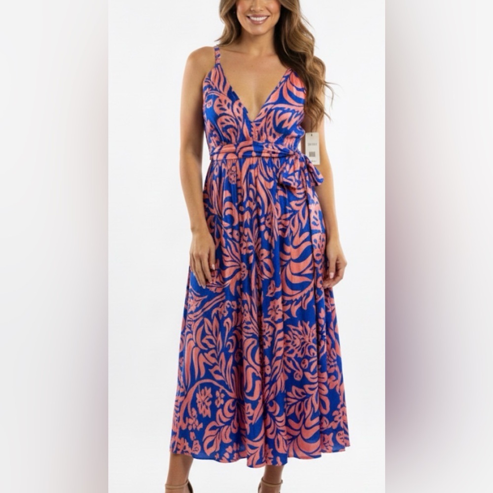 NWT Advance Apparel OS Fits Most Vibrant Blue Orange Tropical Resort Wear Dress